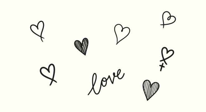 Minimalist hand-drawn hearts and love script lettering doodle sketch on off-white background