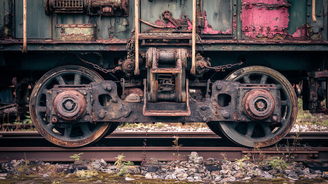 Close-up of a weathered freight locomotive coupling and rusty steel driving wheels on gravel ballast track with peeling green and pink paint in harsh daylight