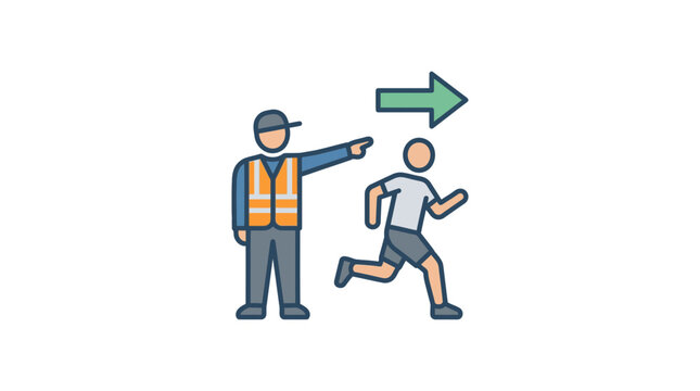 A traffic controller directing a runner towards the right with an arrow.