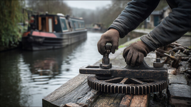 Weathered hands turning a windlass on rusty paddle gear at a canal lock with a moored narrowboat and calm water under gentle overcast light