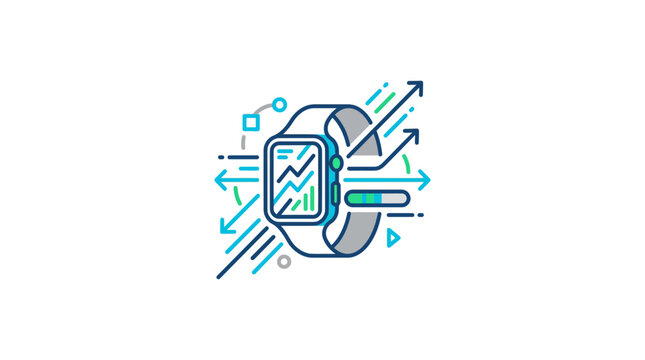 A stylized digital smartwatch icon featuring data analytics and growth trend arrows.