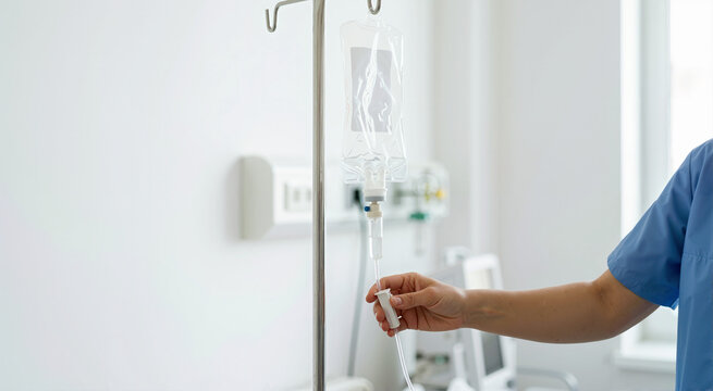 Close up of an empty intravenous fluid bag hanging on a metal pole in a hospital room. Nurse in blue scrubs holding the IV drip chamber and tubing. Medical treatment and healthcare concept