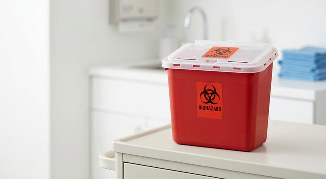 Red biohazard sharps container on a medical cart. Infectious waste disposal bin in a hospital room or clinic. Healthcare safety and hygiene concept