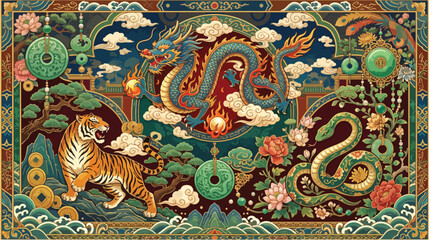 Fototapeta premium Intricate traditional chinese art featuring a majestic dragon tiger and snake with vibrant floral patterns