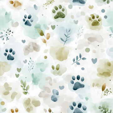 Seamless watercolor paw print pattern with soft blue green gray footprints and delicate botanical details