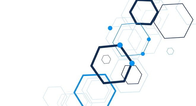 Abstract background featuring geometric hexagon shapes and blue connecting dots.