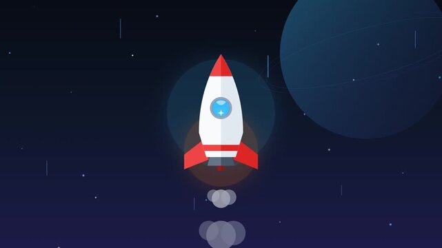 Cartoon Space Rocket Ship Flying Through Outer Space With Planet View