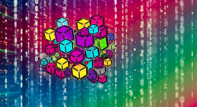 Floating colorful geometric cubes against a background of falling digital binary code with software abstract technology development colorful information programming structure algorithm