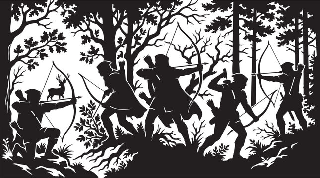 Black silhouette hunters, archers in forest, hunting scene, vector illustration, wildlife, outdoors