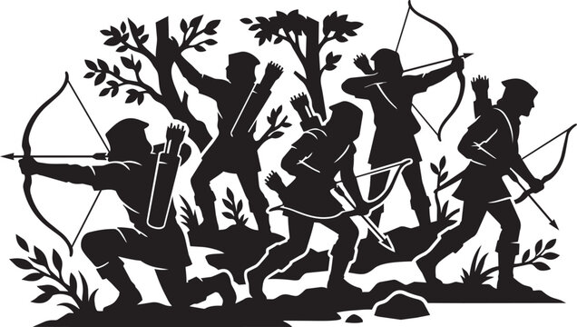 Black silhouette archers, hunting icons, bow and arrow graphics, wildlife hunting illustrations, outdoor adventure symbols