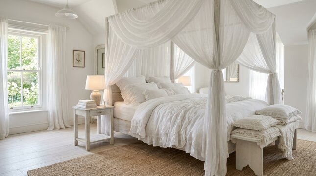 Serene white canopy bed with ruffled linens and natural light from window