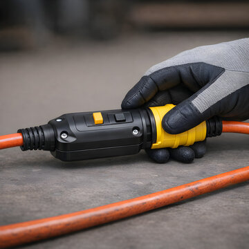 Orange industrial power cable and yellow portable GFCI RCD safety device on factory floor, ground fault protection equipment for temporary power and electrical maintenance safety compliance