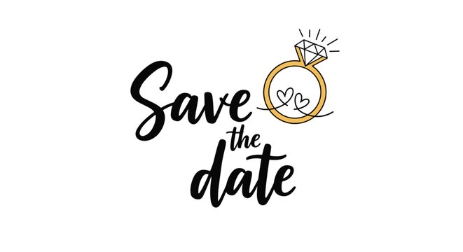 Save the date elegant text with a beautiful golden diamond engagement ring and heart shapes for a wedding invite.