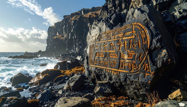 Ancient Phoenician inscription carved into a weathered dark basalt rock face on a rugged coastal cliff
