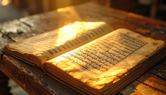 Antique Armenian manuscript open to pages with rich script on thick, handmade paper, bathed in warm sunlight