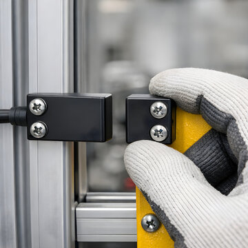 Industrial safety sensor or proximity detector mounted on metal door frame or machine guard panel, machine safety interlock system for worker protection and automated safety in factory automation