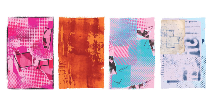 Set of four artistic abstract collage posters with vibrant colors and geometric patterns in a modern style