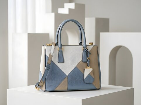 Designer leather handbag with blue white and beige geometric patchwork on white pedestal.