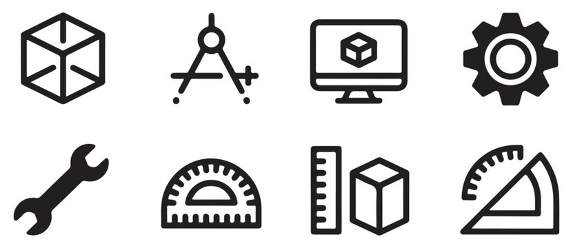 Vector set of 3d modeling engineering drafting tools for computer aided design and graphics.