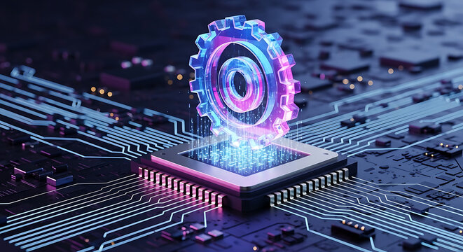 Holographic mechanical gear cog over a computer circuit board with technology hologram processor engineering automation innovation hardware computer electronic industrial connection