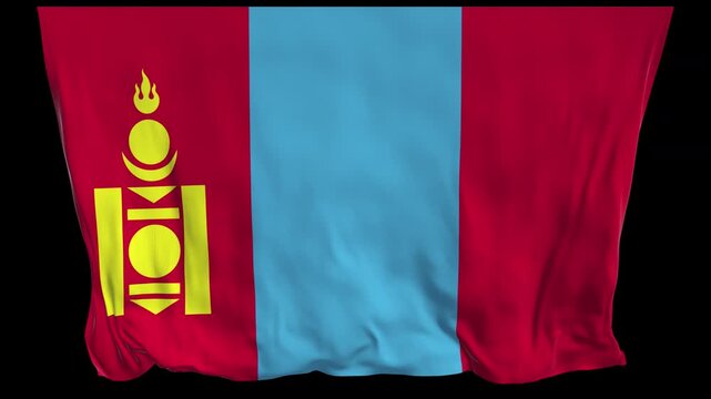 Realistic animation of the flag of Mongolia waving in the wind, ideal for news, travel, diplomacy, patriotic visuals, cultural content, national holidays, educational projects, presentations, and web 