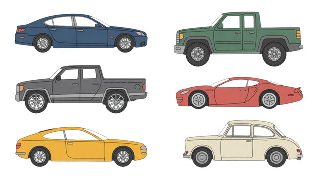 Six colorful vintage cars driving on a clear road Vector