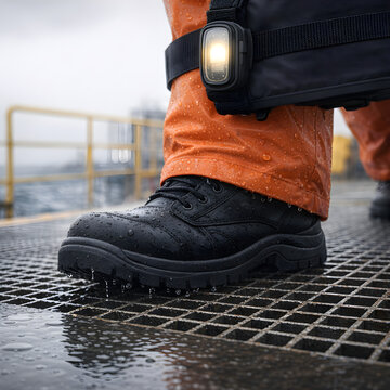 Anti Slip Industrial Grating Deck with Worker Safety Boot and Wearable Beacon Light, Wet Surface Safety and Slip Prevention for Offshore and Industrial Facilities
