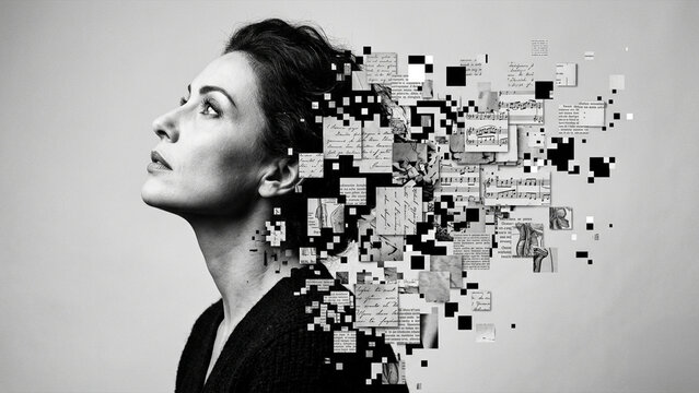 Black and white conceptual portrait of a woman with her mind dispersing into pixels
