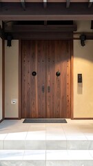 Fototapeta premium Large wooden door with black handles and a doormat