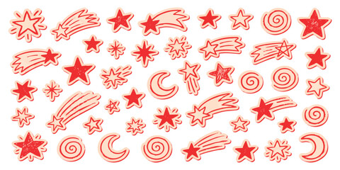 Set of cute hand drawn red stars shooting stars and crescent moons doodle collection for festive design © GraphixEra