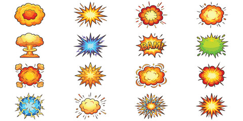 Set of colorful comic book explosion and boom sound effect icons for action scenes and fast graphic design © GraphixEra