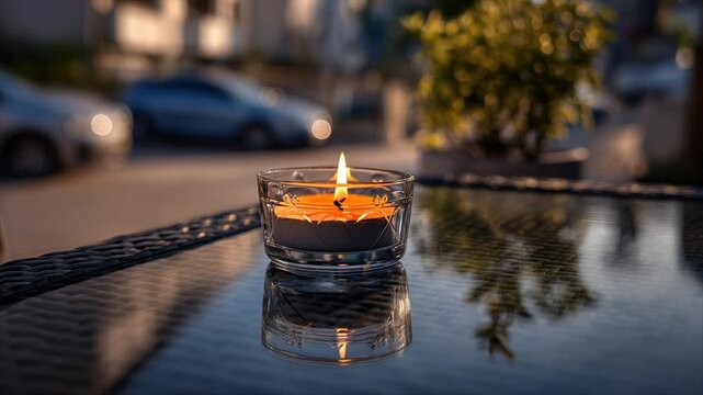 A lit candle in a glass votive sits on a glossy table, reflecting the flame