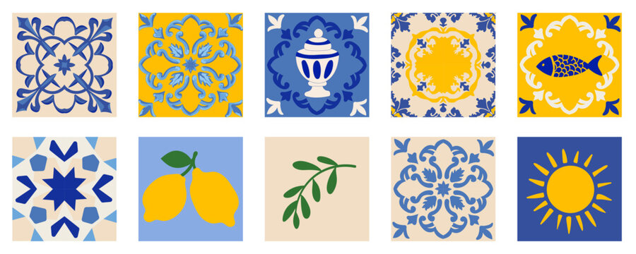 Tile portugal ornament and blue ceramic portuguese with pattern lemon delft. Design oriental vector and mosaic sicilian mexican with azulejo spain element. Talavera tile dutch and lisbon blue.