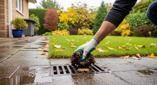 Gardener clears wet leaves from clogged garden drain after rain, showing drainage maintenance, seasonal cleanup and practical backyard property care.