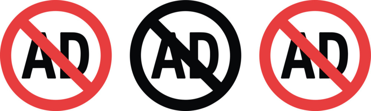 No ads, prohibited symbol icon set, restriction icons with crossed ad symbols for advertising block privacy control and interface graphics.