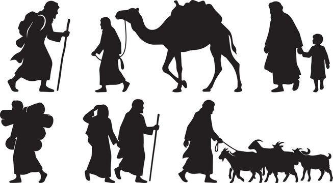 Desert travelers, people walking, camel and flock silhouettes, desert trek, nomadic journey