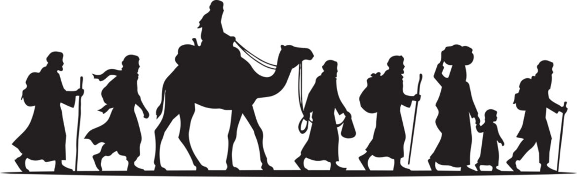 Desert travelers, people walking with camel, silhouette icons, black vector graphics, migration, caravan, desert trek
