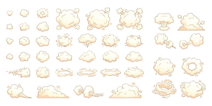 Set of cartoon smoke puff and explosion cloud elements for animation and comics in various shapes and sizes
