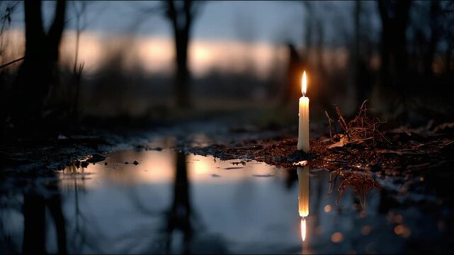 Candle flame burns brightly near reflective water in a dark forest setting