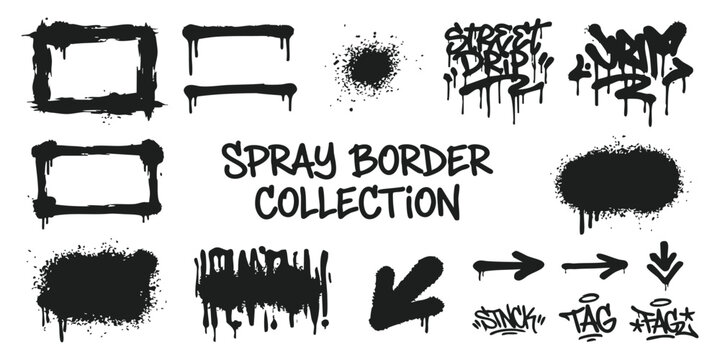 Set of black graffiti spray paint borders frames drips splatters arrows and street art tags for urban design