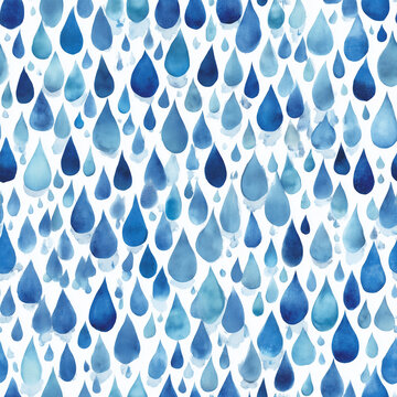 Seamless watercolor raindrop pattern with blue teardrops, soft splashes, and fresh rainy water texture on white background