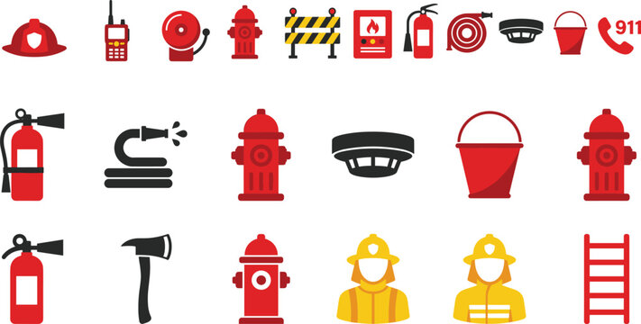 Fire Safety and Emergency Response Icons Set with Firefighter Equipment and Rescue Symbols