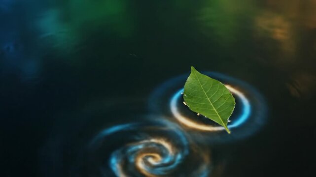 Green leaf floating on water with glowing blue ripples