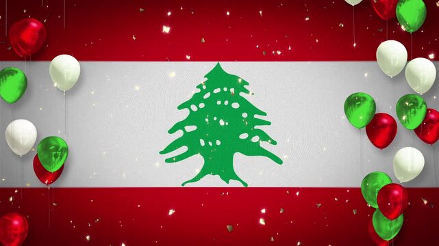 Loop, winner, award, Lebanese flag, national flag, celebration, event, soccer, football, basketball, skiing, background, player introduction, confetti, red, white, green, balloons, copy space, Lebanon