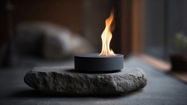 A small, burning flame rises from a black cylinder atop a stone, with a blurred background