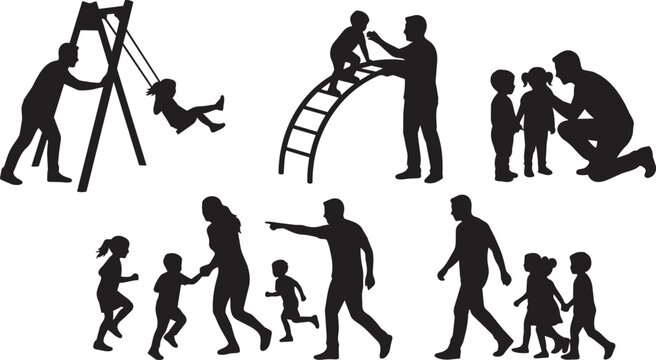 Black silhouette icons of parents and children, family activities, parenting illustrations, child development, family relationships
