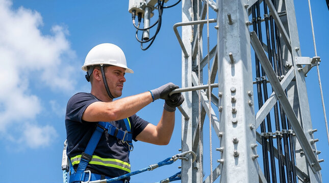 Worker climbing a communication tower with tools against a blue sky for safety training, engineering blogs, and telecommunications awareness