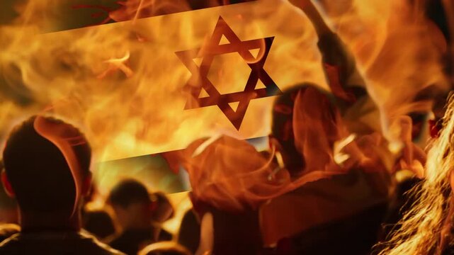 protests and social unrest in Israel. Silhouette of a crowd facing a burning flag with the Star of David. Political conflict, crisis, and revolution abstract. Israel Iran war