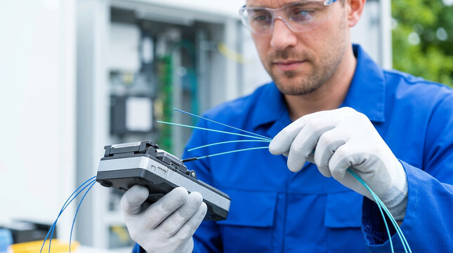 Technician splicing fiber optic cables with precision in a utility environment for technology articles, training materials, and telecommunications content