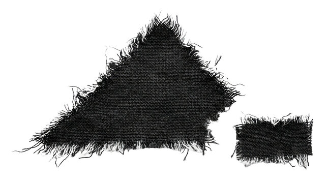 Black denim fabric pieces with frayed edges in triangle and rectangle shapes on transparent background.